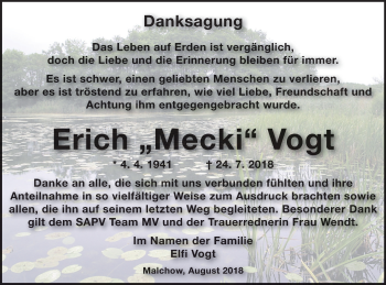 Traueranzeige von Erich Vogt von Müritz-Zeitung