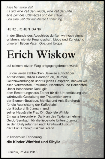 Traueranzeige von Erich Wiskow von Vorpommern Kurier