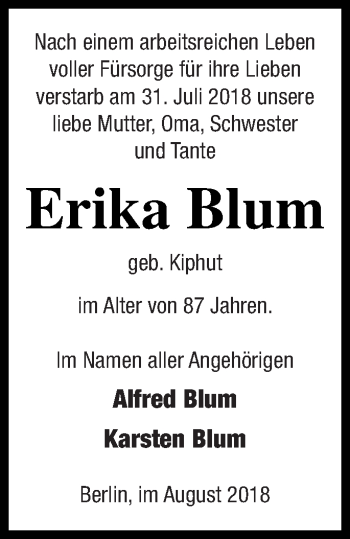 Traueranzeige von Erika Blum von Demminer Zeitung