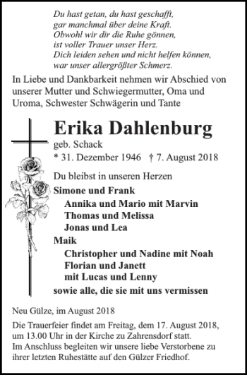 Traueranzeige von Erika Dahlenburg von Hagenower Kreisblatt