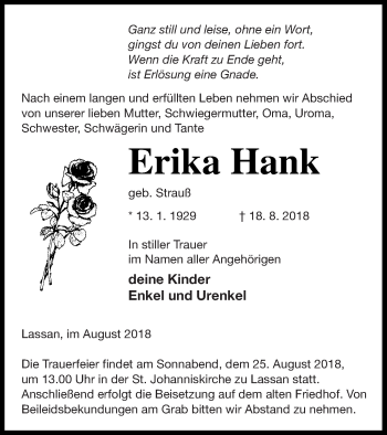 Traueranzeige von Erika Hank von Vorpommern Kurier