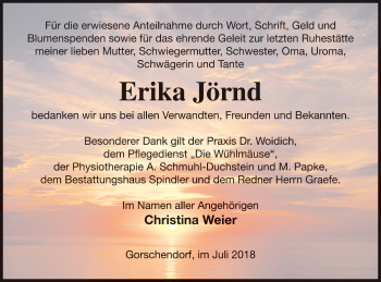 Traueranzeige von Erika Jörnd von Mecklenburger Schweiz