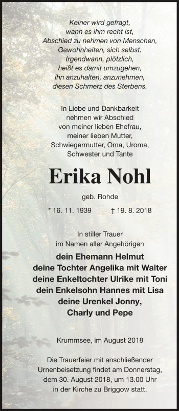 Traueranzeige von Erika Nohl von Mecklenburger Schweiz