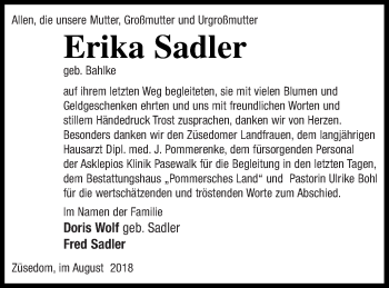 Traueranzeige von Erika Sadler von Pasewalker Zeitung