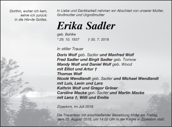 Traueranzeige von Erika Sadler von Pasewalker Zeitung