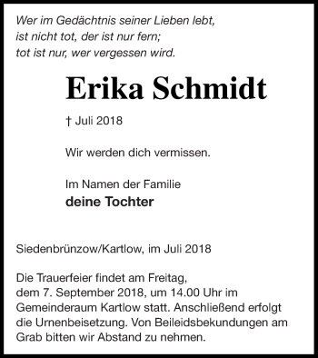 Traueranzeige von Erika Schmidt von Vorpommern Kurier