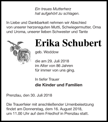 Traueranzeige von Erika Schubert von Prenzlauer Zeitung