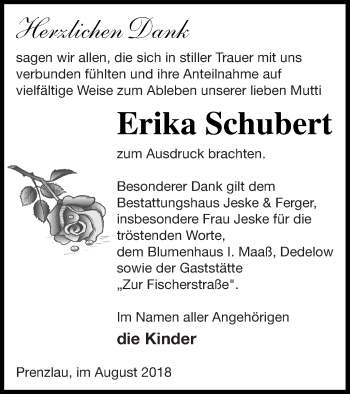 Traueranzeige von Erika Schubert von Prenzlauer Zeitung