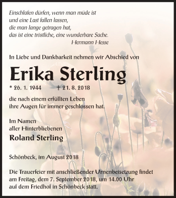 Traueranzeige von Erika Sterling von Strelitzer Zeitung