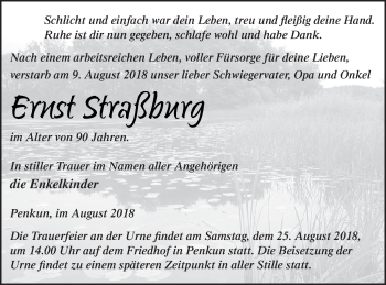 Traueranzeige von Ernst Straßburg von Pasewalker Zeitung