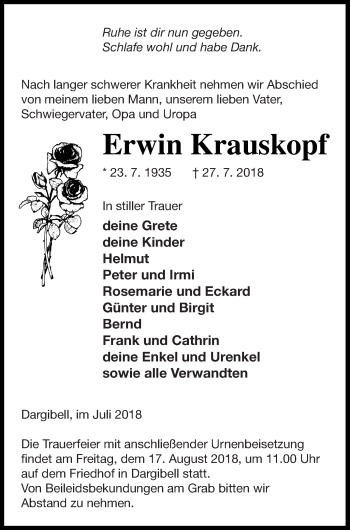 Traueranzeige von Erwin Krauskopf von Vorpommern Kurier