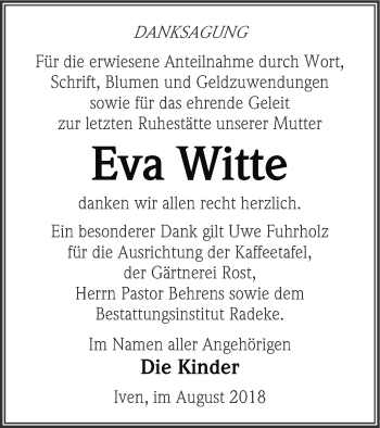 Traueranzeige von Eva Witte von Vorpommern Kurier