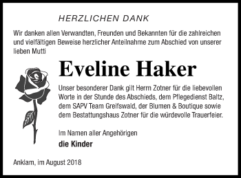 Traueranzeige von Eveline Haker von Vorpommern Kurier