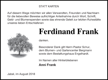 Traueranzeige von Ferdinand Frank von Müritz-Zeitung