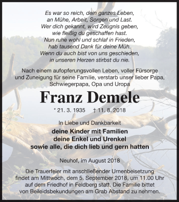 Traueranzeige von Franz Demele von Strelitzer Zeitung