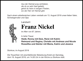 Traueranzeige von Franz Nickel von Pasewalker Zeitung