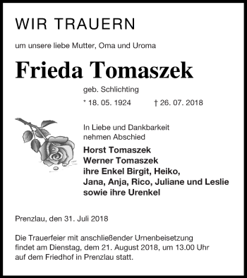 Traueranzeige von Frieda Tomaszek von Prenzlauer Zeitung