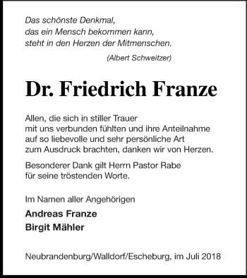 Traueranzeige von Friedrich Franze von Neubrandenburger Zeitung