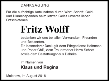Traueranzeige von Fritz Wolff von Müritz-Zeitung