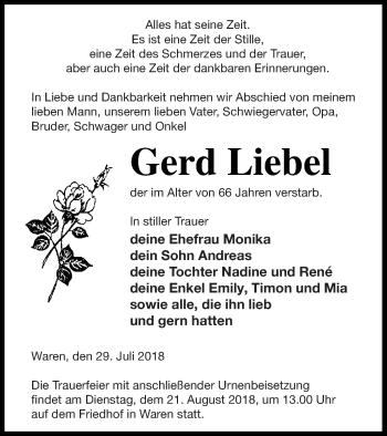 Traueranzeige von Gerd Liebel von Müritz-Zeitung