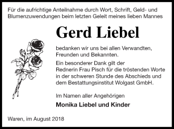 Traueranzeige von Gerd Liebel von Müritz-Zeitung