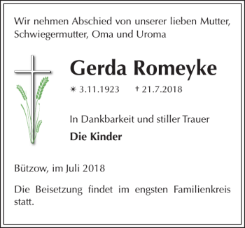 Traueranzeige von Gerda Romeyke von Bützower Zeitung