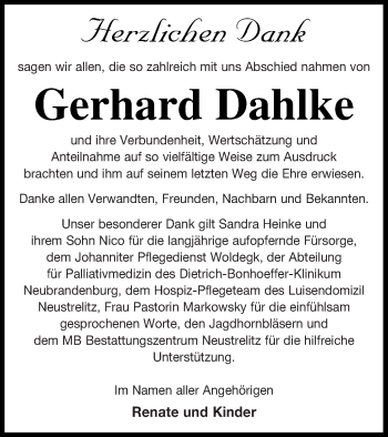 Traueranzeige von Gerhard Dahlke von Strelitzer Zeitung