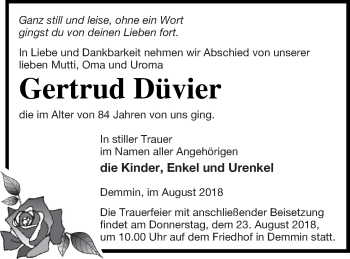 Traueranzeige von Gertrud Düvier von Demminer Zeitung