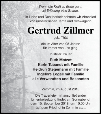 Traueranzeige von Gertrud Zillmer von Vorpommern Kurier