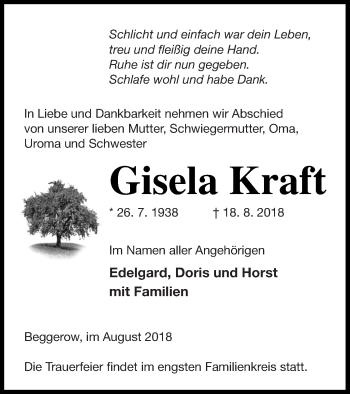 Traueranzeige von Gisela Kraft von Demminer Zeitung