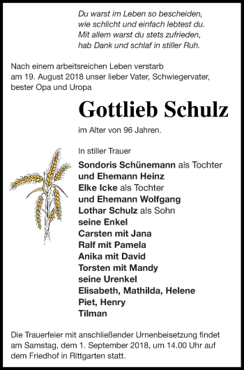 Traueranzeige von Gottlieb Schulz von Prenzlauer Zeitung