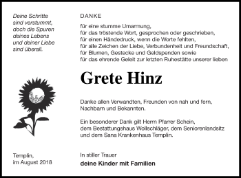 Traueranzeige von Grete Hinz von Templiner Zeitung