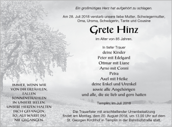 Traueranzeige von Grete Hinz von Templiner Zeitung