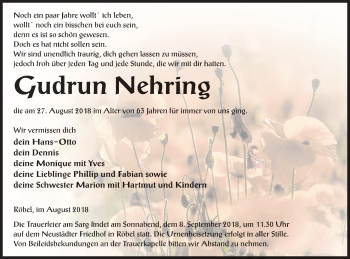 Traueranzeige von Gudrun Nehring von Müritz-Zeitung