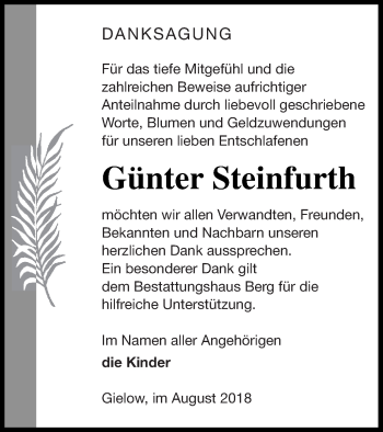 Traueranzeige von Günter Steinfurth von Mecklenburger Schweiz