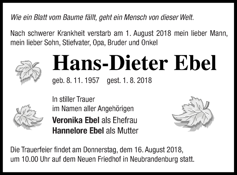  Traueranzeige für Hans-Dieter Ebel vom 08.08.2018 aus Neubrandenburger Zeitung