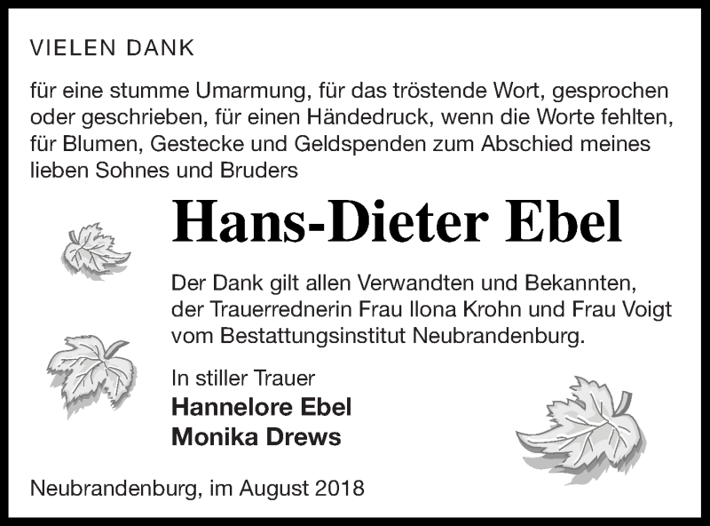 Traueranzeige für Hans-Dieter Ebel vom 23.08.2018 aus Neubrandenburger Zeitung