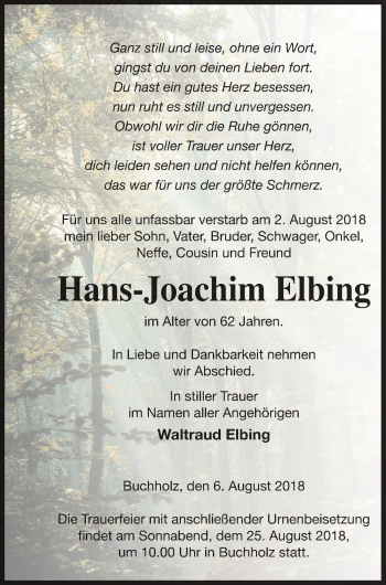 Traueranzeige von Hans-Joachim Elbing von Müritz-Zeitung