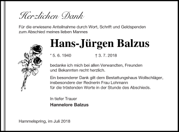 Traueranzeige von Hans-Jürgen Balzus von Templiner Zeitung