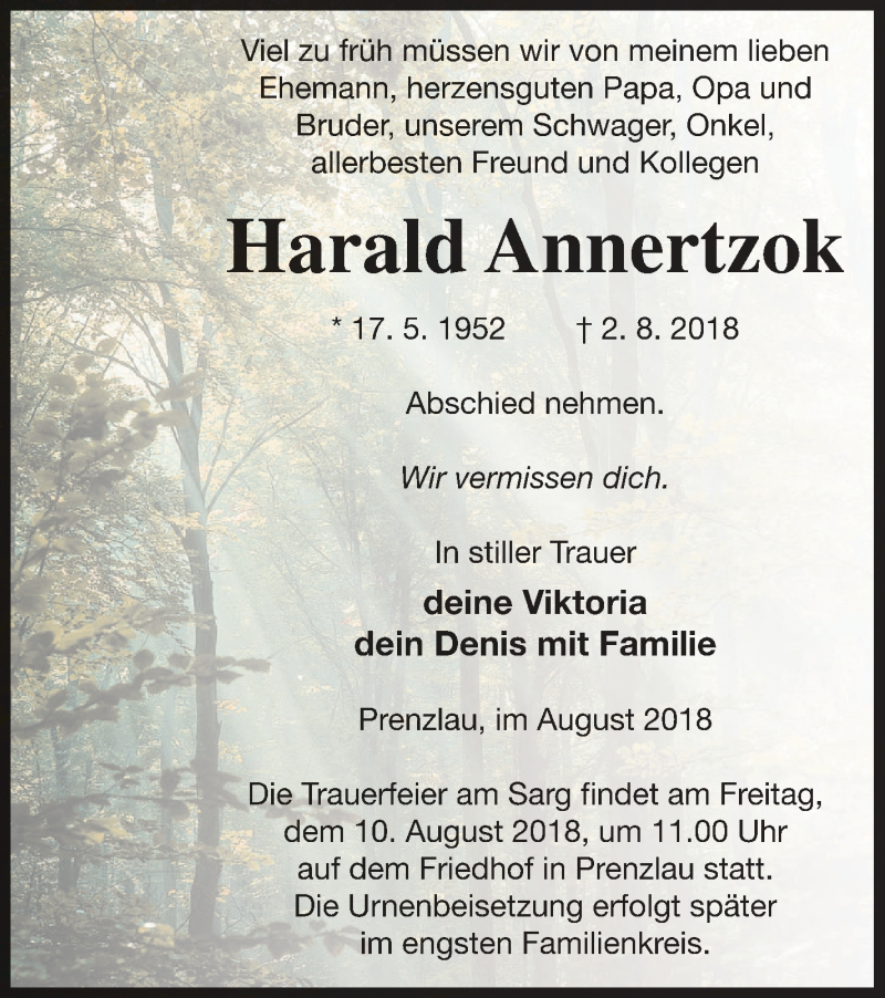  Traueranzeige für Harald Annertzok vom 07.08.2018 aus Prenzlauer Zeitung