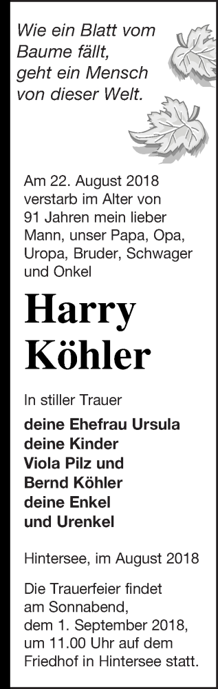 Traueranzeige von Harry Köhler von Haff-Zeitung