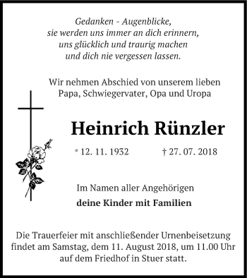 Traueranzeige von Heinrich Rünzler von Müritz-Zeitung