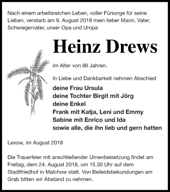 Traueranzeige von Heinz Drews von Müritz-Zeitung