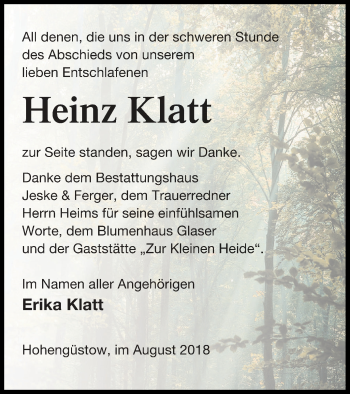 Traueranzeige von Heinz Klatt von Prenzlauer Zeitung