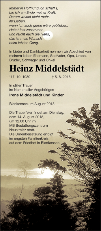 Traueranzeige von Heinz Middelstädt von Strelitzer Zeitung