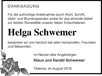Traueranzeige von Helga Schwemer von Mecklenburger Schweiz