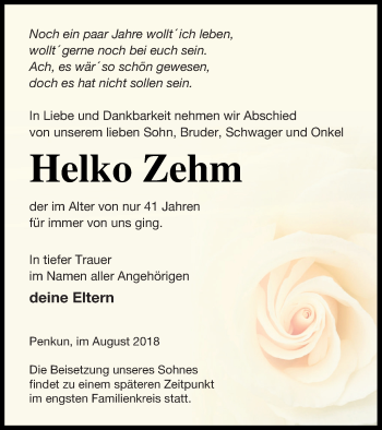 Traueranzeige von Helko Zehm von Pasewalker Zeitung