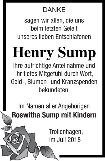 Traueranzeige von Henry Sump von Neubrandenburger Zeitung