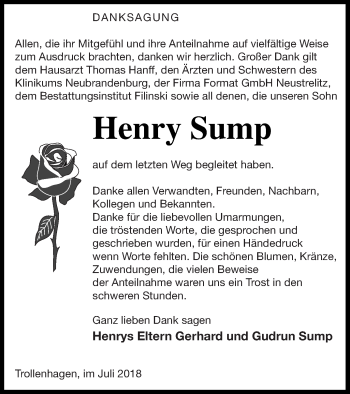 Traueranzeige von Henry Sump von Neubrandenburger Zeitung