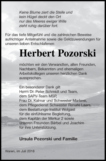 Traueranzeige von Herbert Pozorski von Müritz-Zeitung